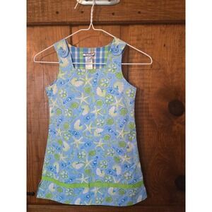 HARTSTRINGS - Girls Blue Lime Green Sea Life Seahorse Shell Shift Dress Size 6